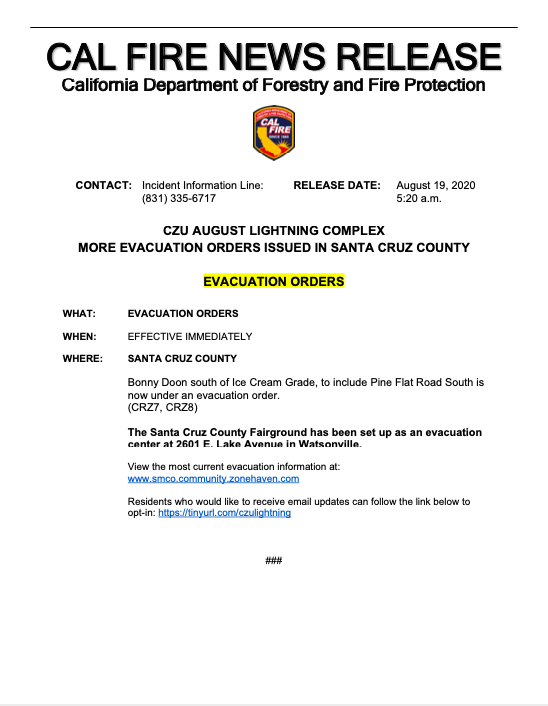 Santa Cruz County Aug 18 5:30am evacuation